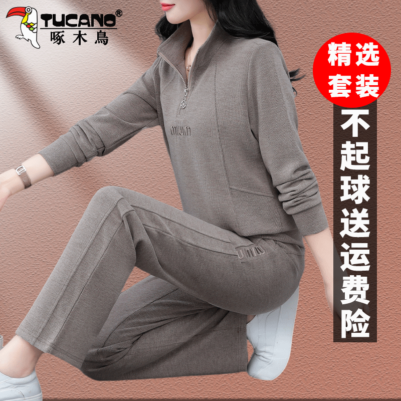 啄木鸟时尚休闲大码运动套装女秋装时尚薄款立领卫衣两件套