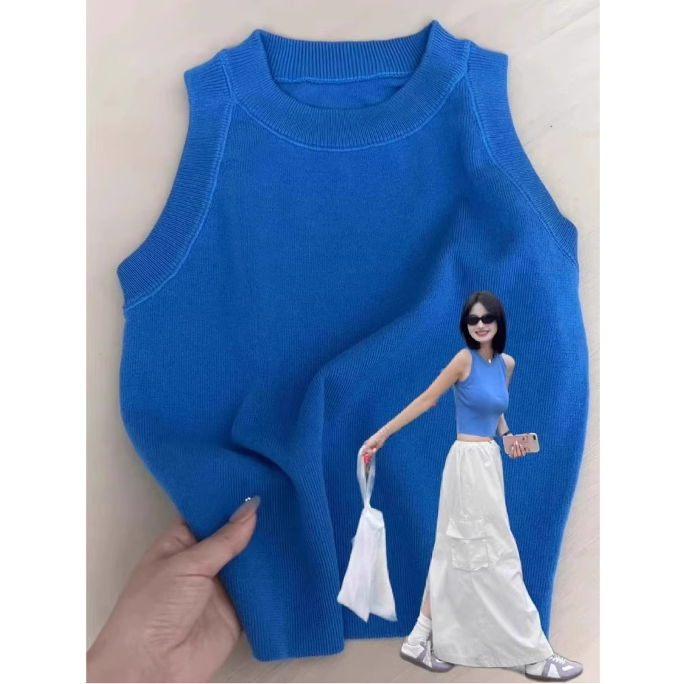 芯娇晴克莱因蓝色挂脖针织吊带背心女夏外穿时尚短款挖肩工字背心
