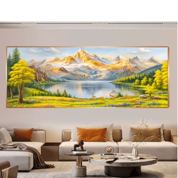 轻奢聚宝盆金山图客厅装饰画简约大气山水风景画挂画晶瓷镶钻画