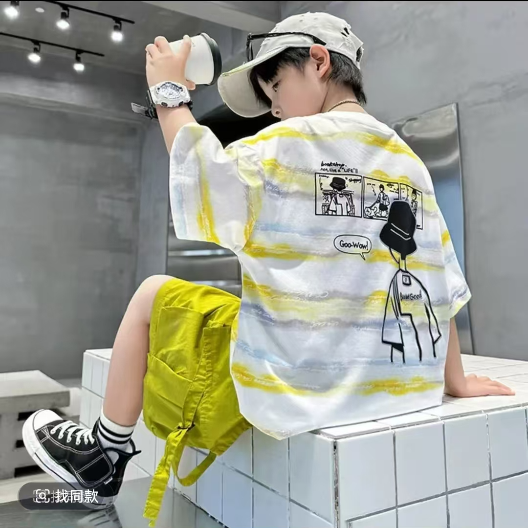 男童夏季套装2025年新款轻薄条纹背影休闲短袖套装百搭两件套