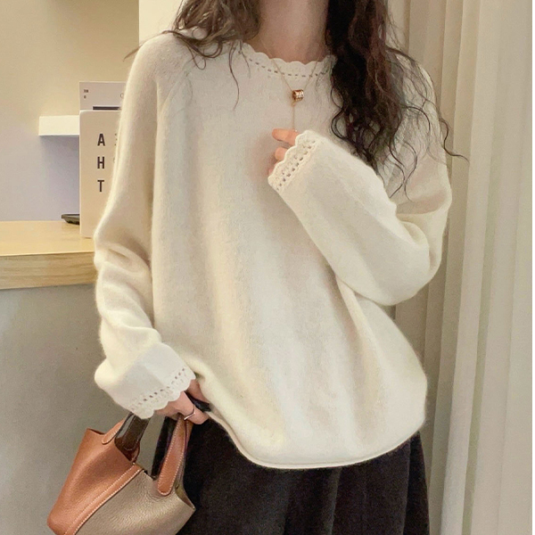 慵懒风圆领内搭女秋冬蕾丝花边宽松显瘦百搭针织衫时尚打底衫上衣