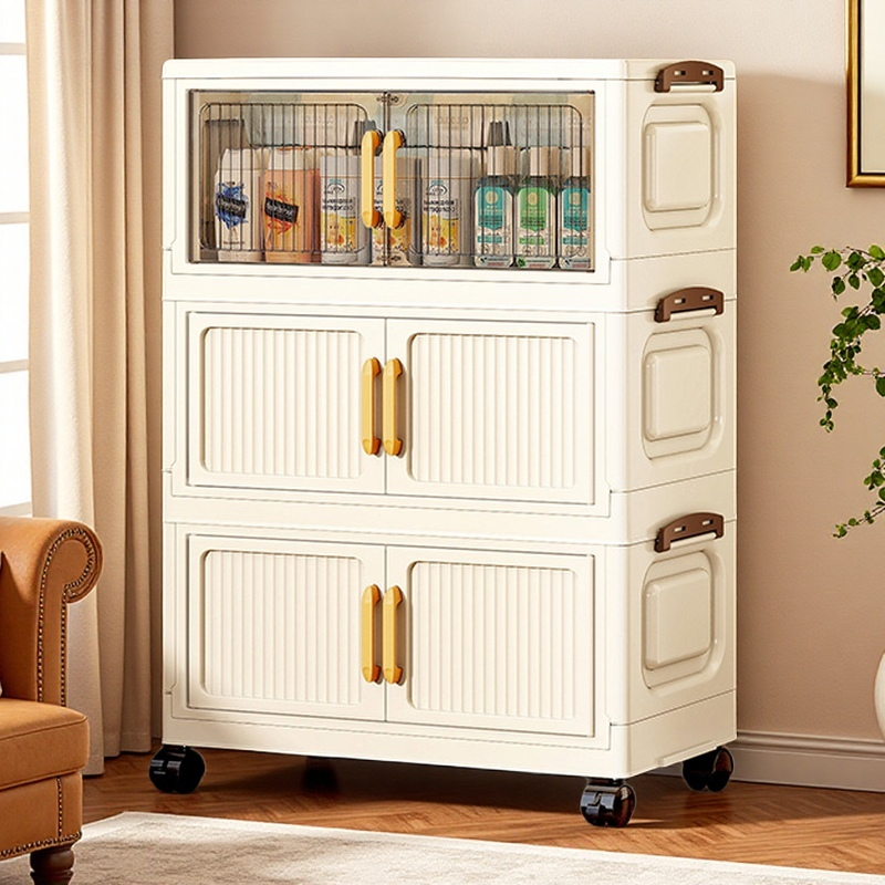 【50面宽三层】竖纹折叠款可移动柜杂物柜子收纳储物柜收纳箱床头柜