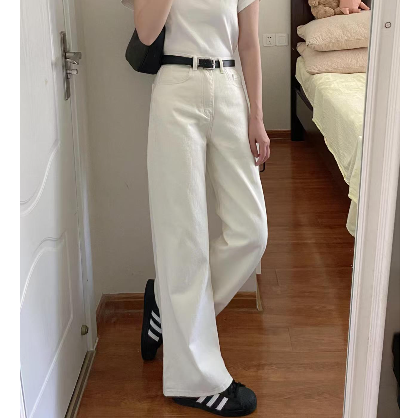 春秋2025宽松显瘦小个子垂感百搭直筒拖地裤白色高腰阔腿牛仔裤女