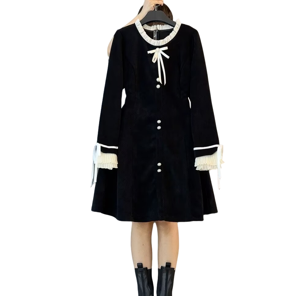 大维罗依DD欧货领结气质名媛灯芯绒连衣裙