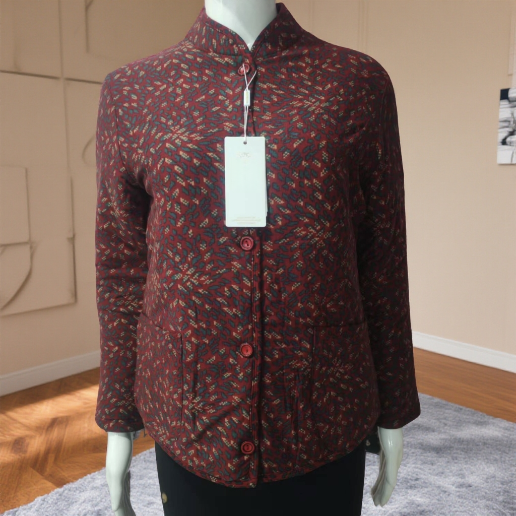 妈妈羊驼毛棉衣碎花秋冬加绒加厚立领外穿棉服上衣