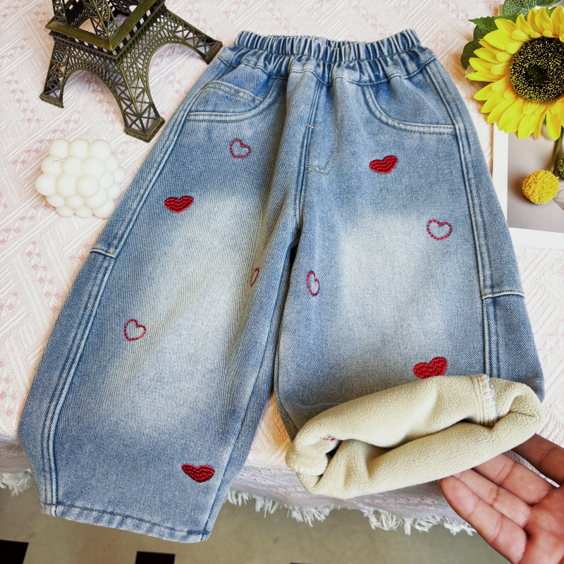 女童加绒加厚牛仔裤女孩韩版弯刀休闲裤冬季新款女宝宝一体绒长裤