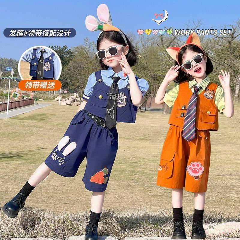 女童夏季套装2025新款兔子警官儿童衣服女孩夏装运动裤子三件套夏