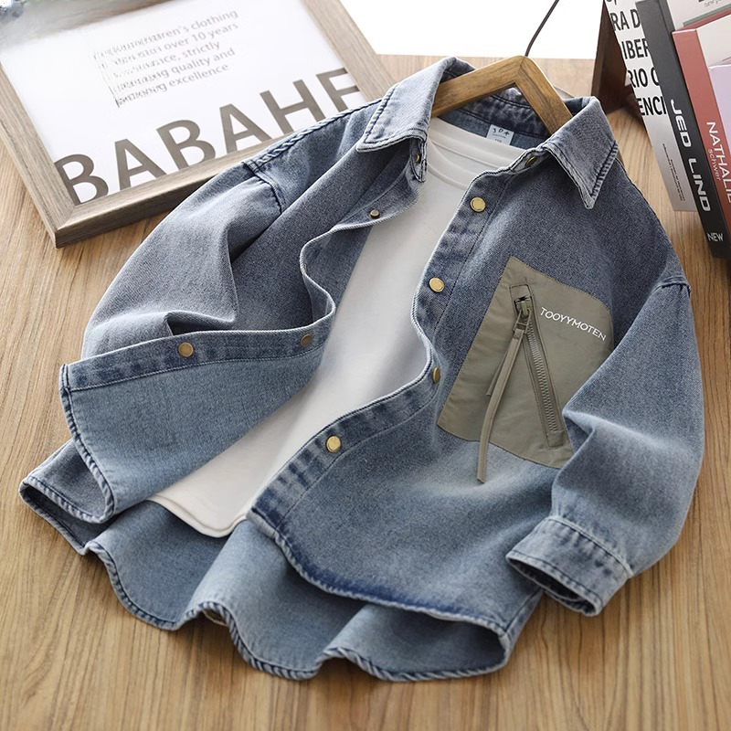 男童春秋牛仔衬衫2025新款大童儿童时尚洋气酷帅翻领潮酷秋装外套