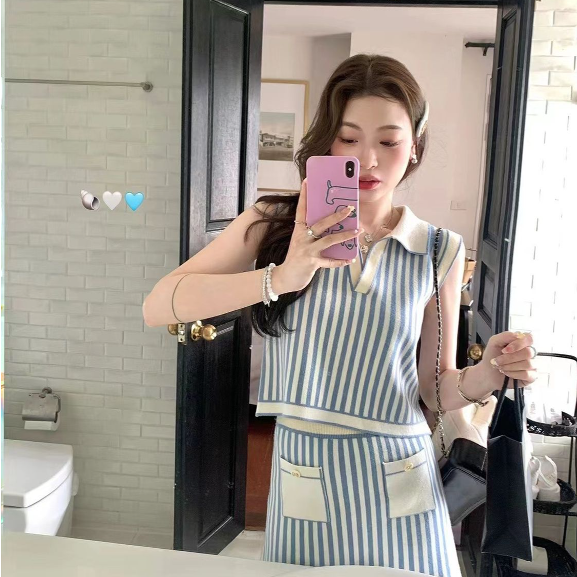 哥弟阿玛施正正品夏季温柔系条纹针织无袖上衣半身裙显瘦两件套装