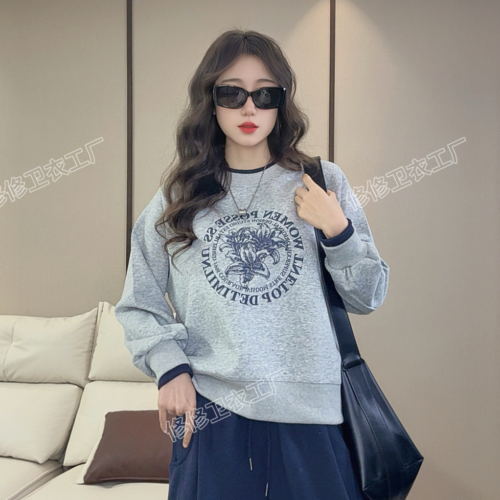 插肩女圆领韩系字母圆领卫衣宽松长袖时尚休闲百搭印花设计款ins