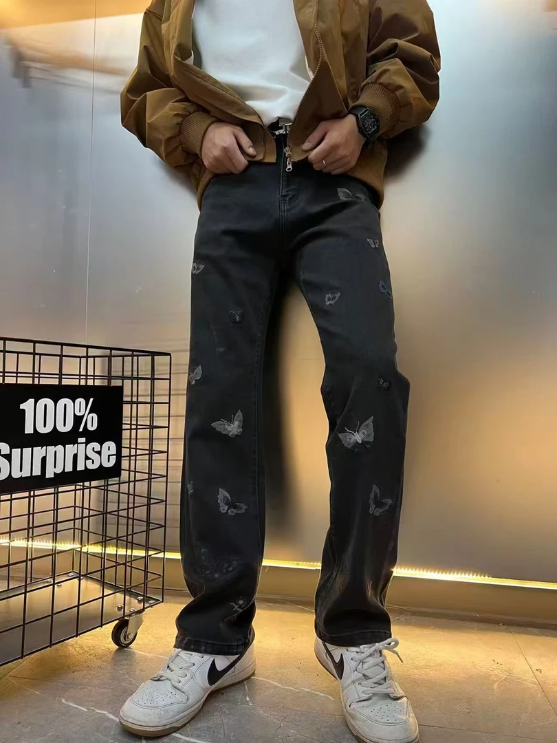 秋冬男士黑色直筒牛仔裤轻奢高级水洗刺绣休闲宽松百搭弹力长裤男