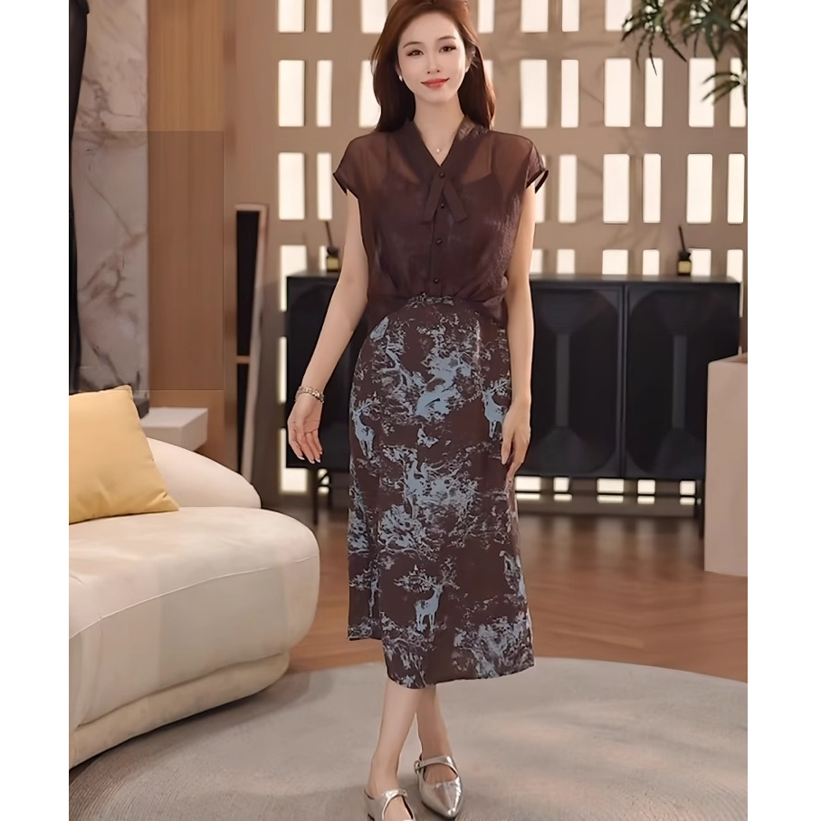 夏日绝美穿搭套装女新款法式高级感水墨印花吊带连衣裙衬衫两件套