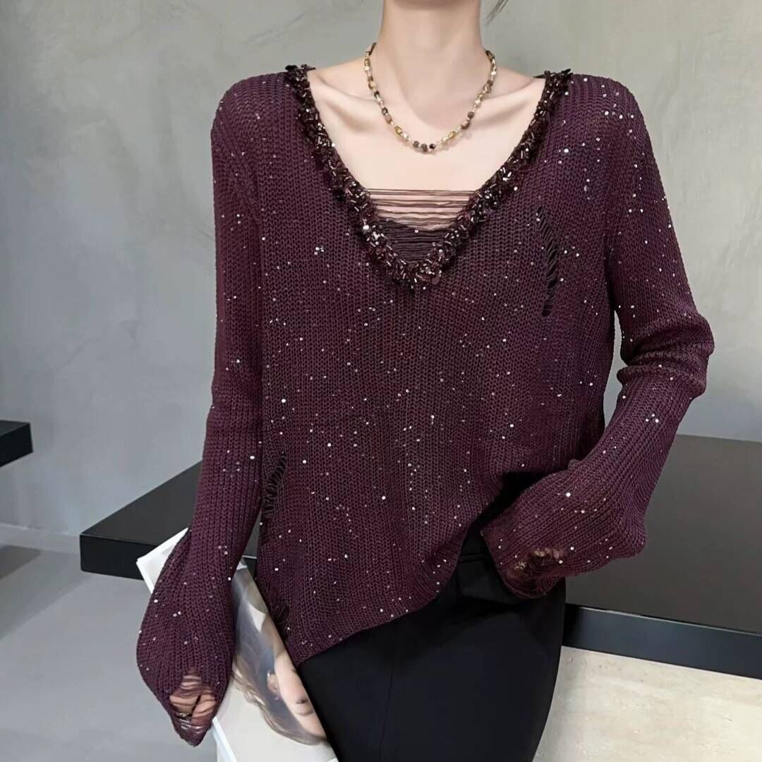 2025秋季新款法式气质镂空镶砖毛衣针织衫女宽松显瘦百搭长袖上衣