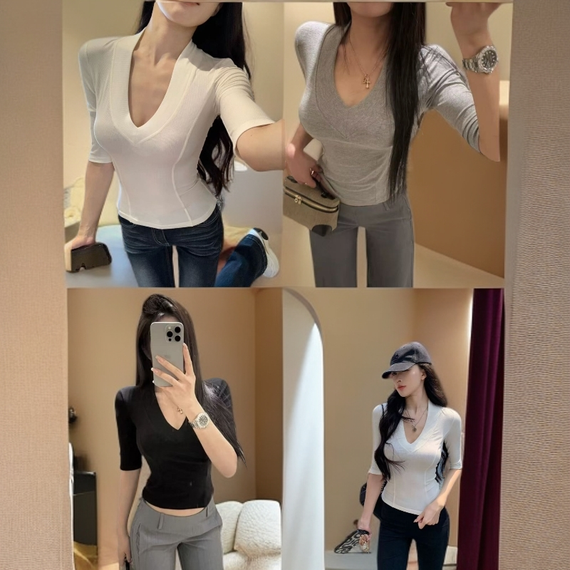 2025早秋新款美式辣妹V领中袖T恤女设计款修身显瘦洋气百搭9966#