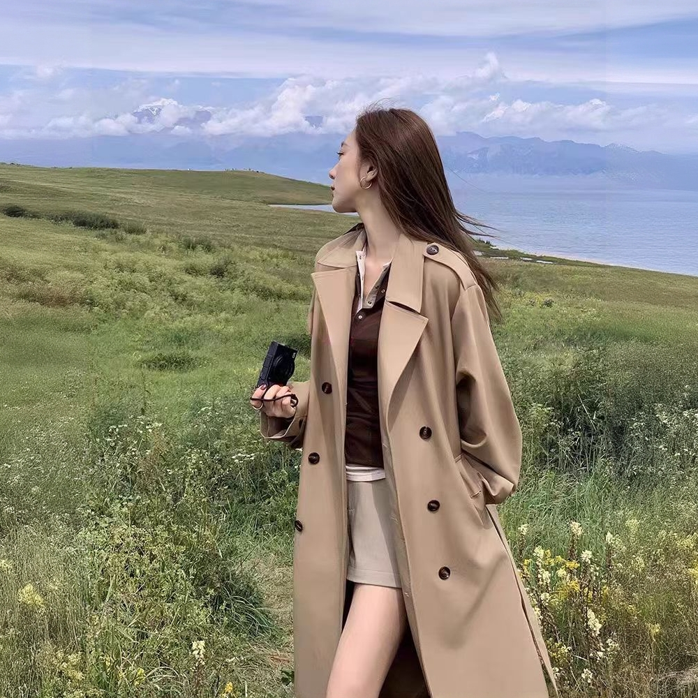 【城市漫步】2025秋季新款卡其色长款韩版双排扣风衣外套女