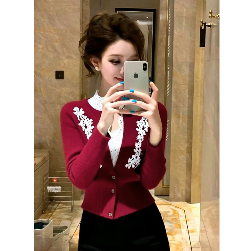 小香风红色蕾丝拼接针织衫氛围感时尚减龄气质上衣女2025冬季新款