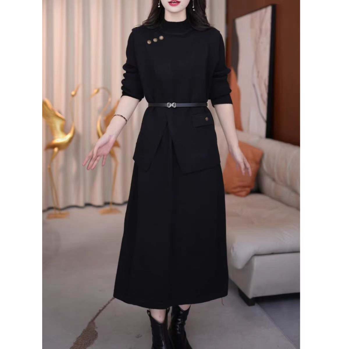 时尚百搭针织马甲两件套连衣裙女2025秋冬新款洋气减龄女士套装裙