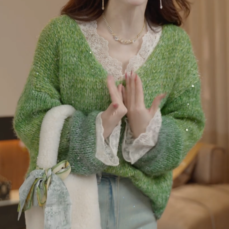 慵懒风V领扎染宽松针织上衣LK2507042