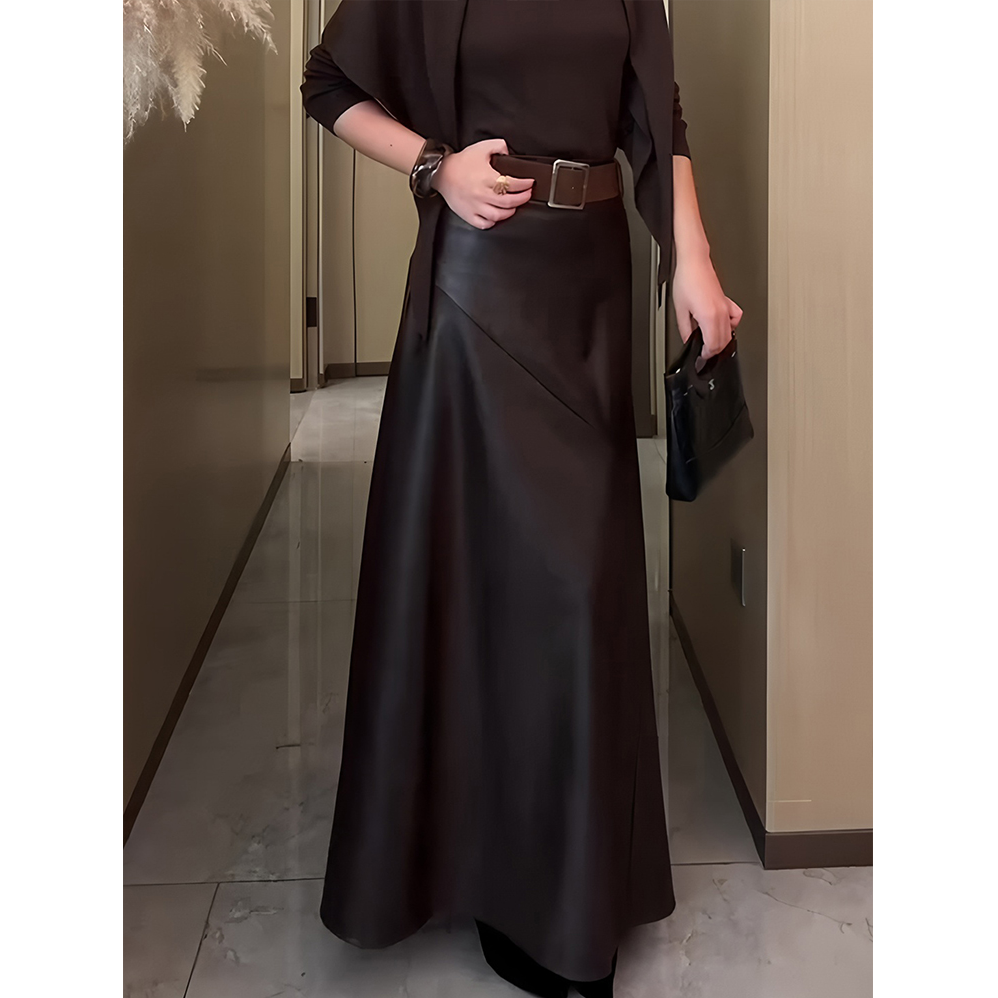 送腰带高级感黑色pu皮半身裙女秋季气质高腰显瘦垂感大摆A字长裙