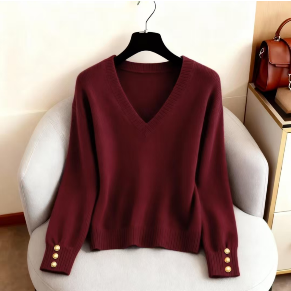 秋冬季跨年氛围感V领气质显瘦毛衣女大码红色洋气复古打底针织衫