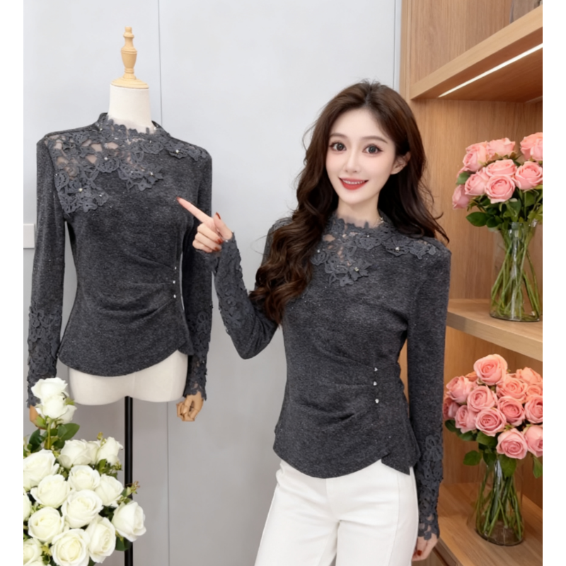 法式蕾丝拼接不规则T恤女2025冬季新款时尚气质洋气内搭减龄上衣