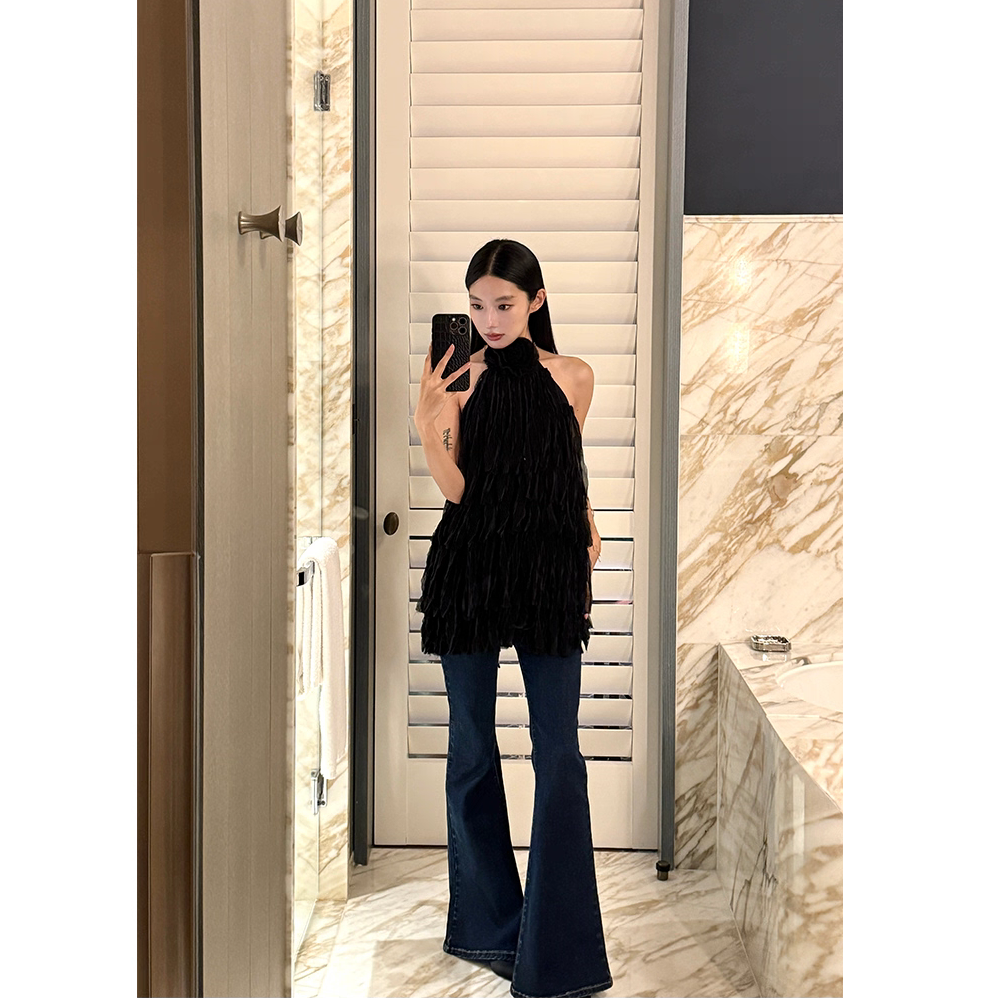 网红同款大露背流苏玫瑰花朵纯欲挂脖背心裙上衣女显瘦休闲裤套装