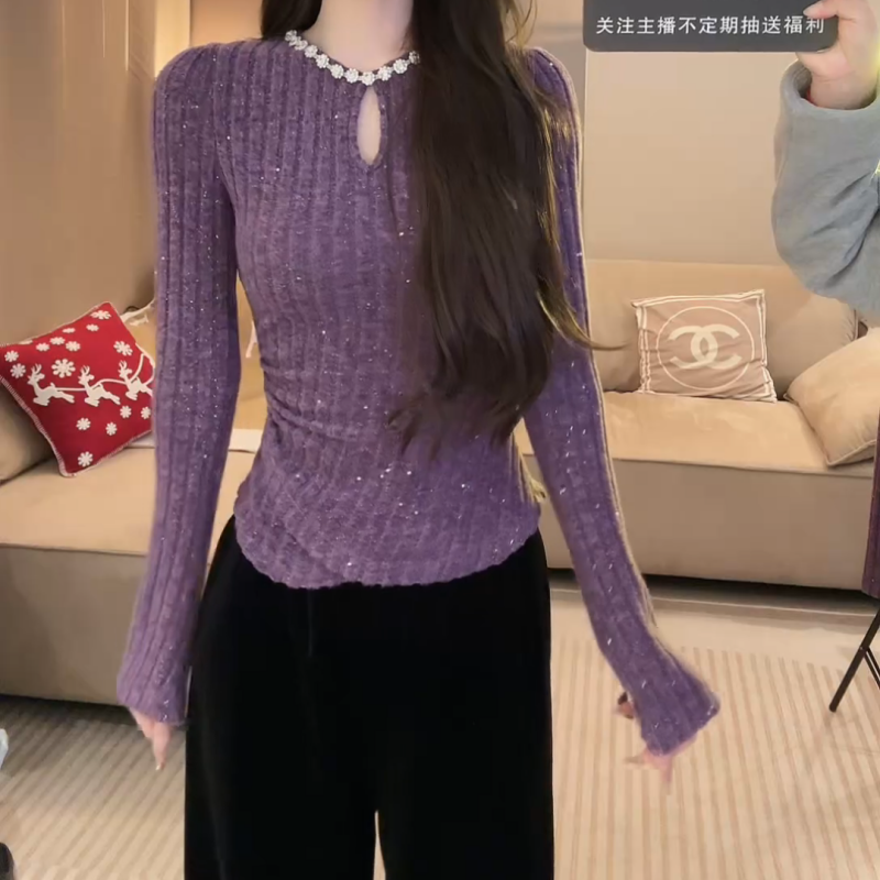 2024新款冬季法式设计感重工水钻领镂空长袖上衣LK2501101
