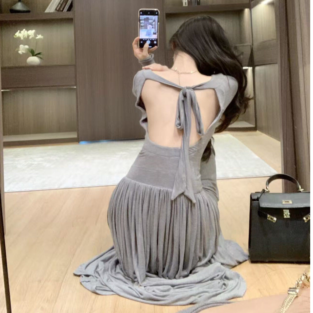秋季新款高级感收腰显瘦长裙法式纯欲性感气质灰色连衣裙2025女装