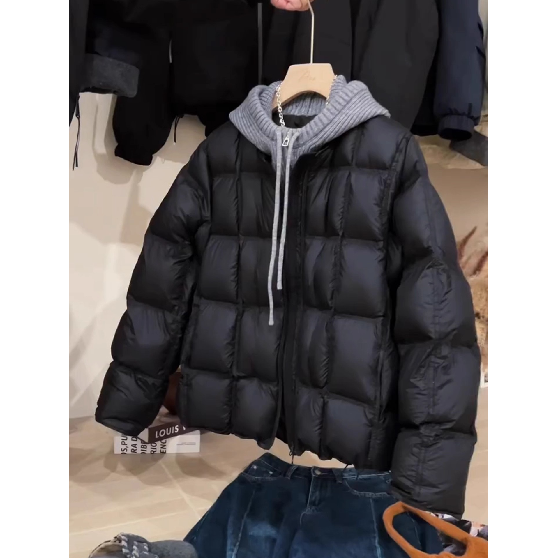 针织连帽棉服女短款冬季宽松设计感拼接绗缝方格加厚保暖棉衣外套