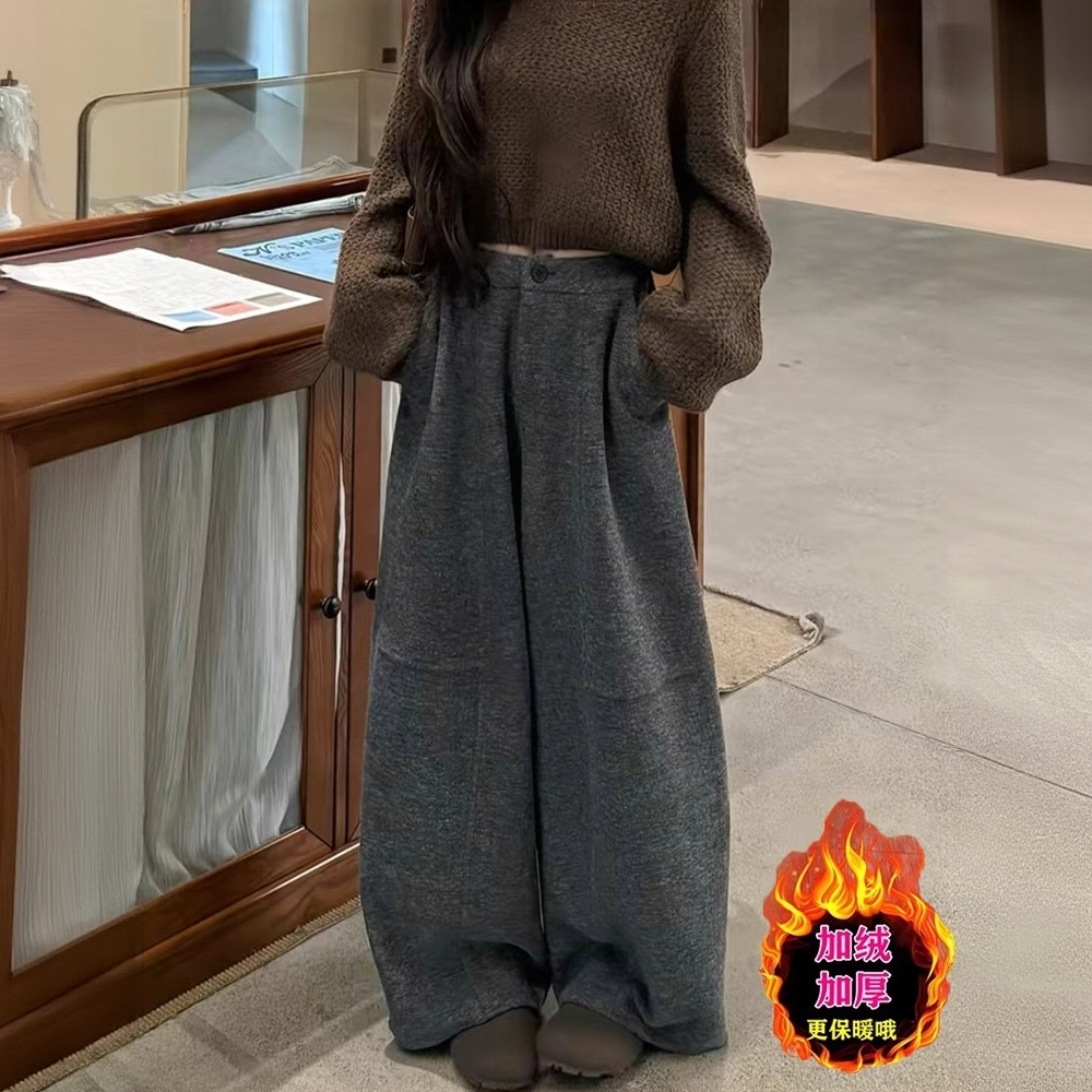 冬季新款韩版宽松毛呢休闲裤大码梨型身材显瘦简约风纯色阔腿裤女