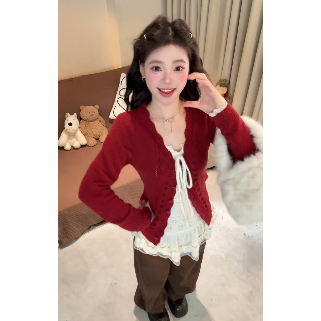 MARIE.COCO秋冬巨好看圣诞氛围感针织开衫设计感蝴蝶结打底衫裤子