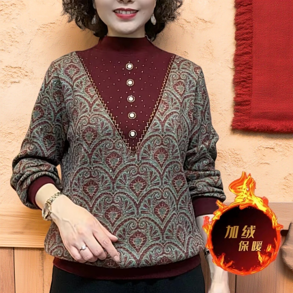中老年妈妈装秋冬时尚加绒半高领提花螺纹宽松百搭保暖打底上衣