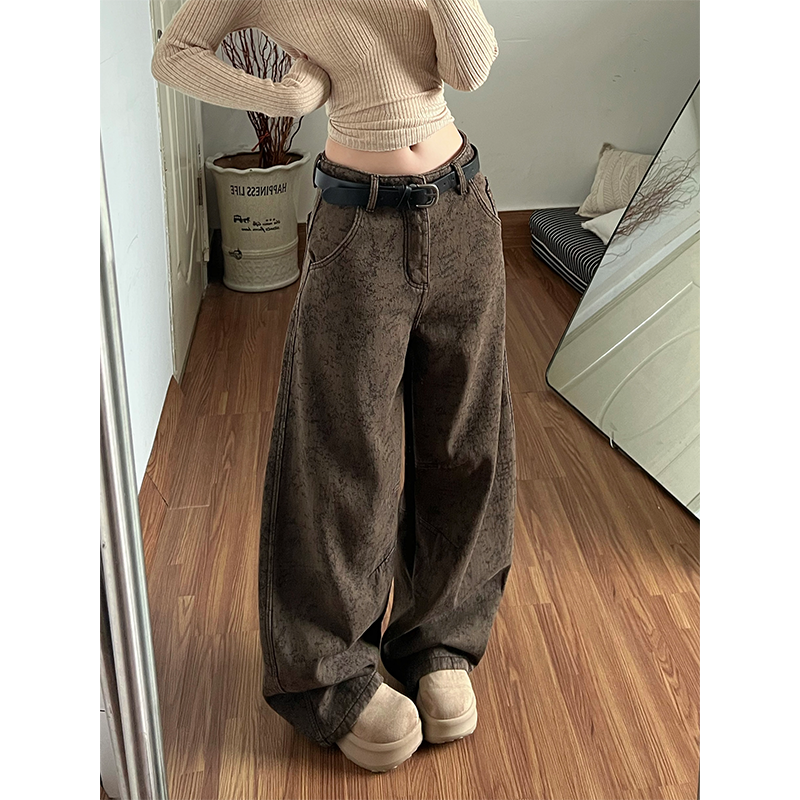 【不加绒】提花高腰阔腿牛仔裤裤子女款2025冬季新款宽松显瘦拖地裤