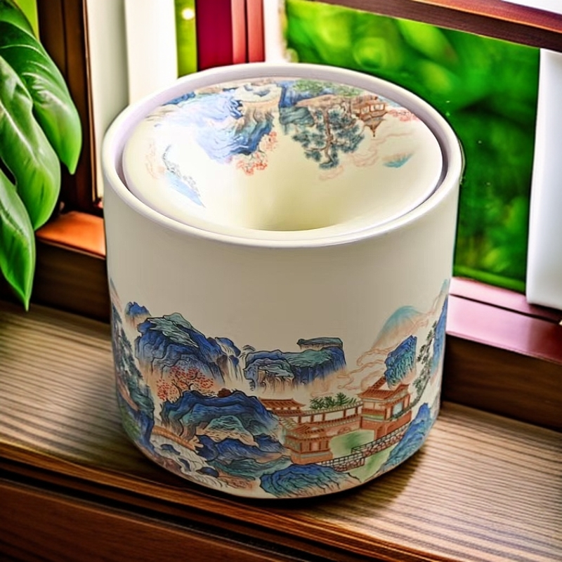 汝窑青花千里江山茶渣废水缸带盖防飞灰漏斗烟灰缸建水茶盂水盂