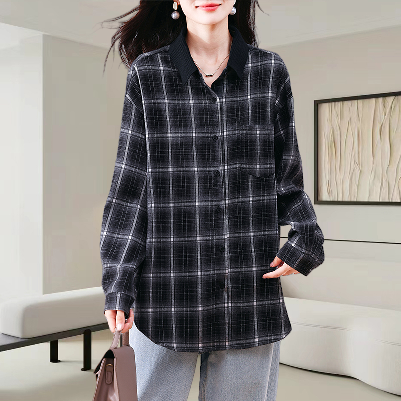 黑色格子翻领衬衫女士秋冬2025新款时尚减龄宽松显瘦休闲百搭上衣