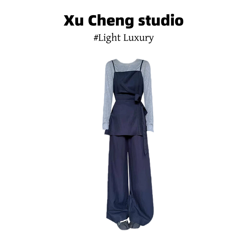 Xu Cheng法式设计感长袖上衣侧边绑带吊带高腰阔腿裤三件套2025秋