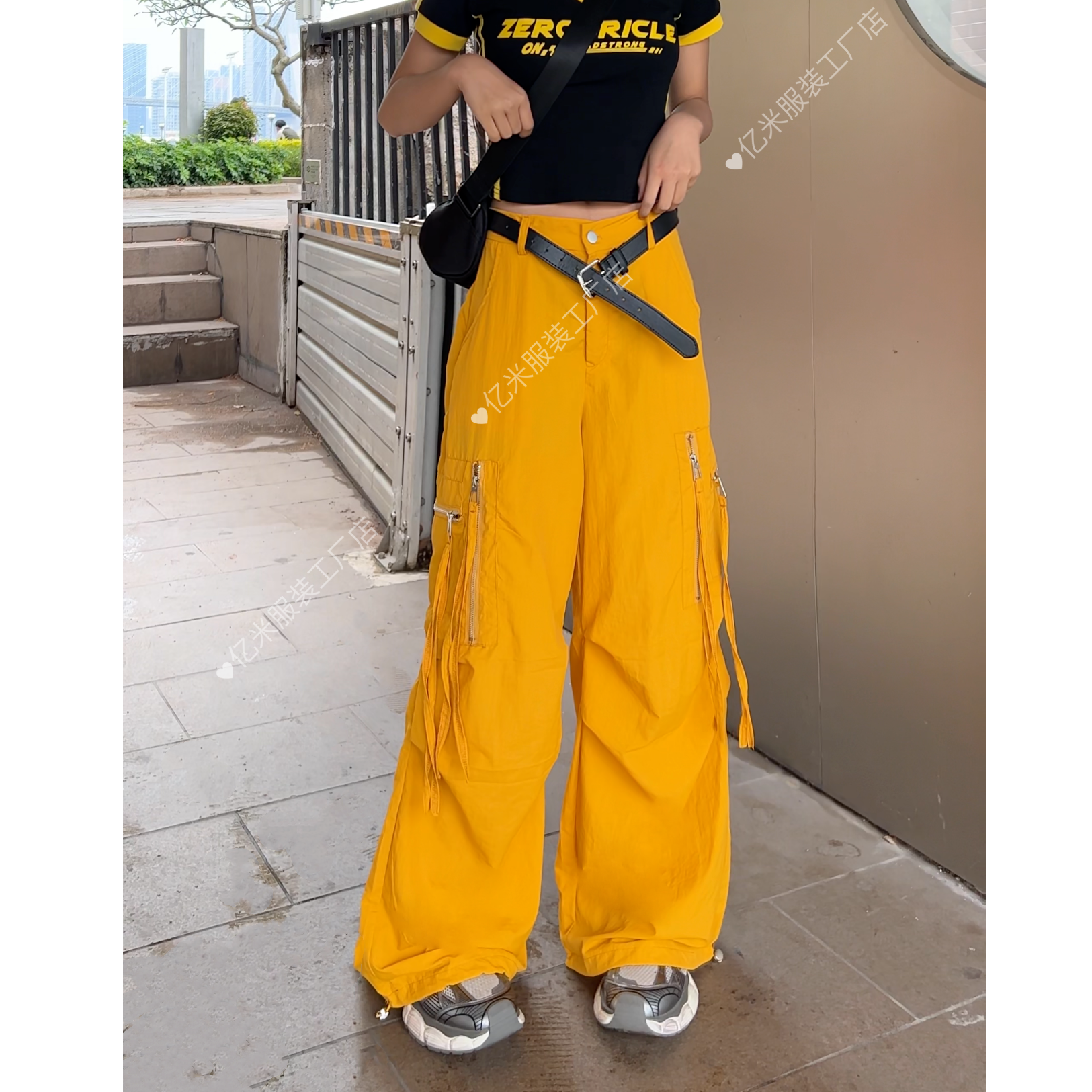 （韩版•定制）夏季新款时尚重工半松紧腰下脚可抽绳阔腿飘带工装裤