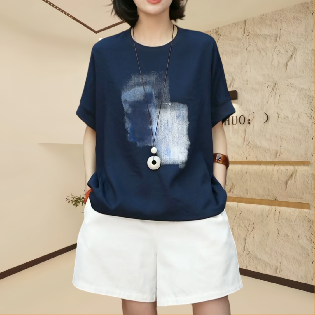 夏季宽松圆领印花五分袖T恤女2025休闲百搭薄款透气洋气衣服女