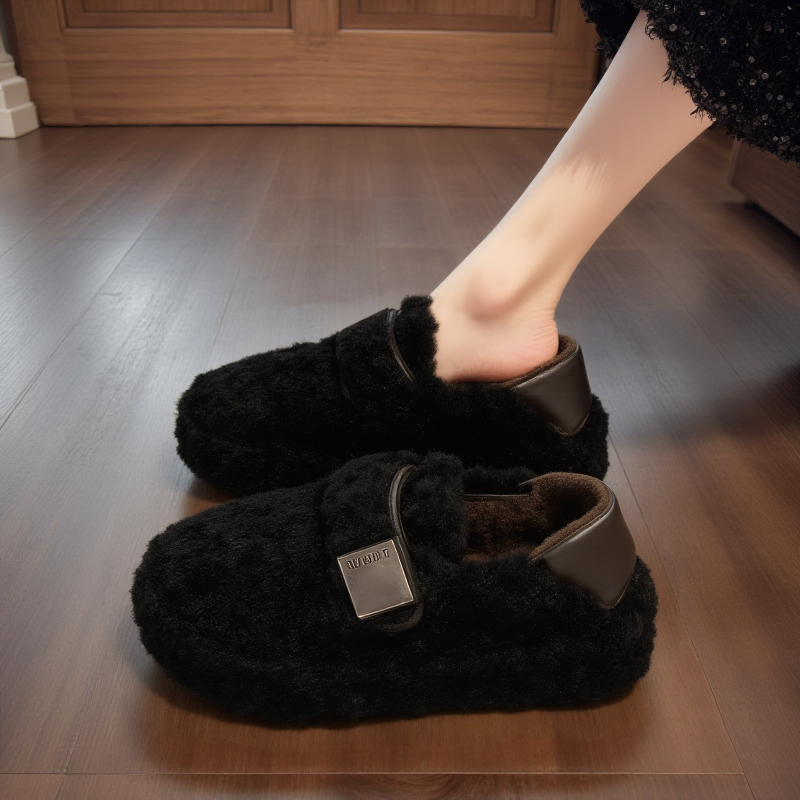 厚底羊羔毛毛鞋女秋冬2025新款一脚蹬豆豆鞋增高欧货孕妇黑色棉鞋