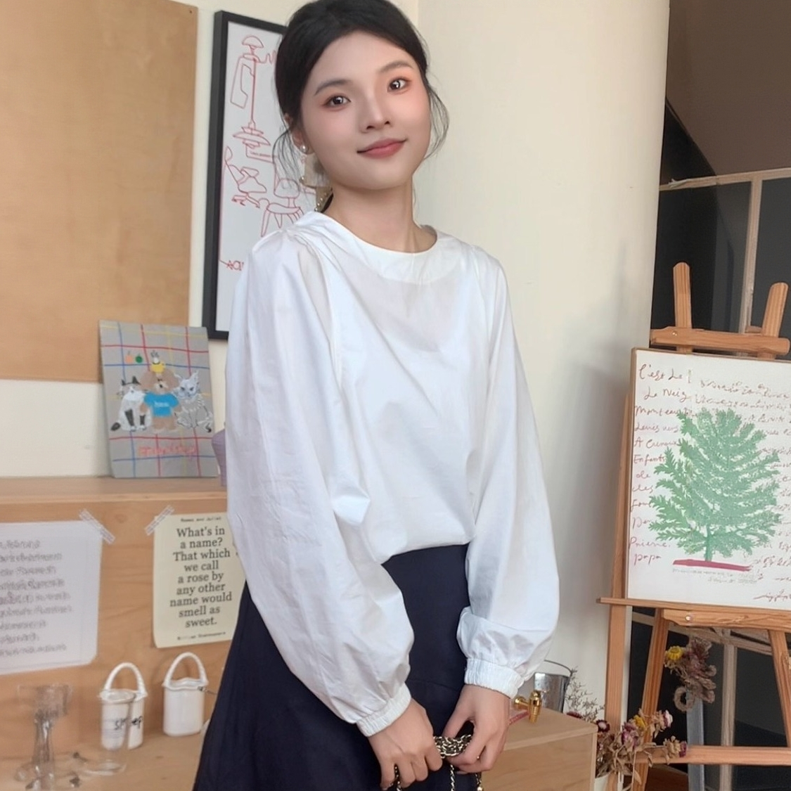 法式宽松白色泡泡袖衬衣女绝美巨好看内搭上衣独特漂亮气质衬衫