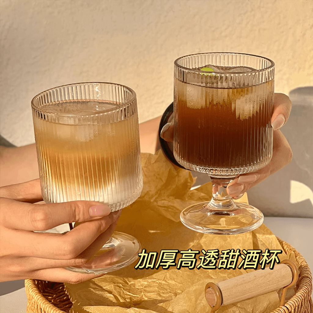 【两只装】ins欧式高颜值加厚条纹玻璃杯果汁杯甜品高脚杯喝水杯