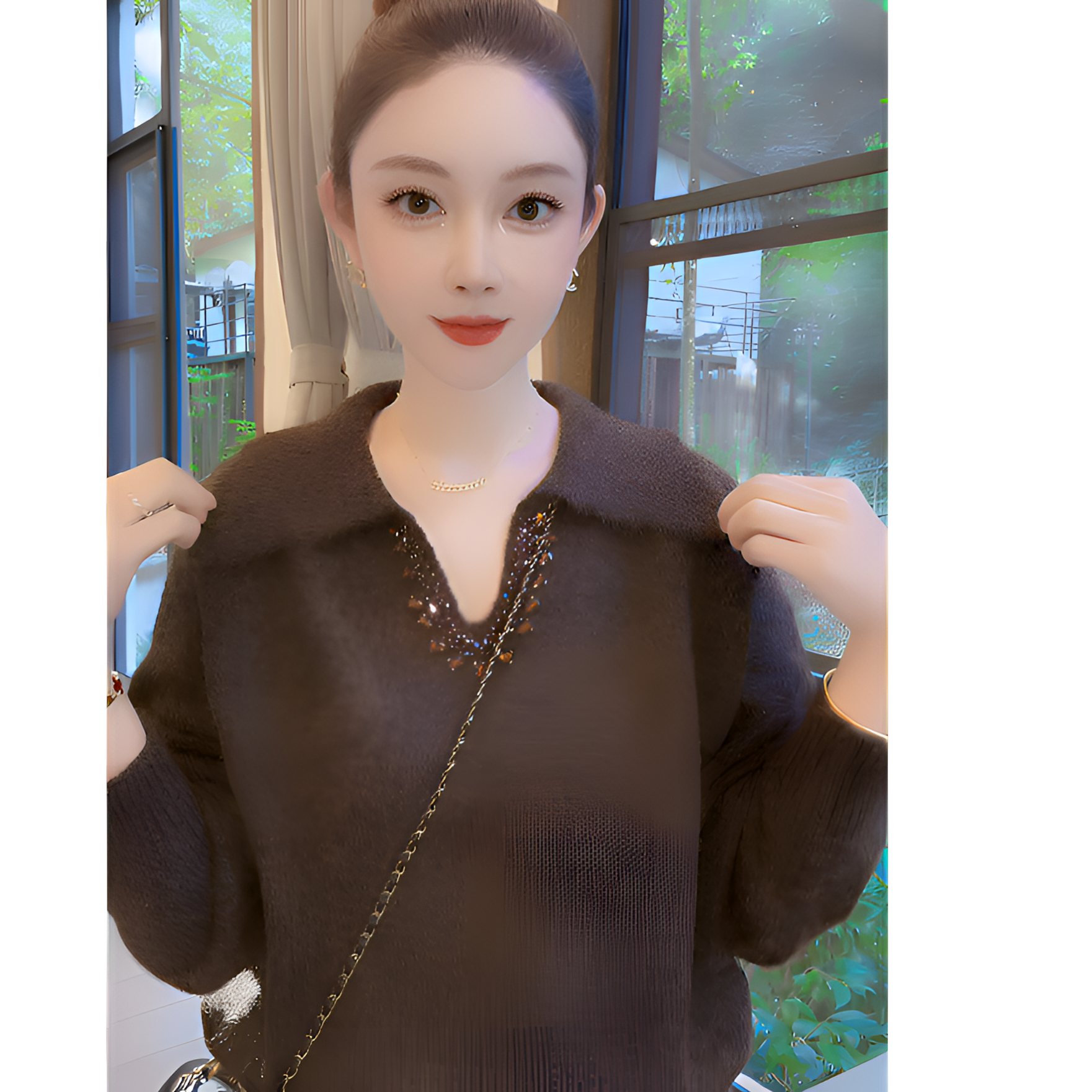 Nalian/拿恋豆子优选-重工钉钻翻领宽松显瘦针织毛衣女  DZ99030