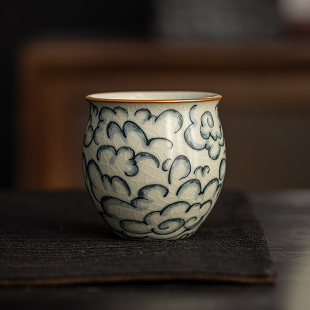 予迟器【汝窑祥云纹】景德镇釉下青花单杯茶杯陶瓷云纹茶杯品茗杯