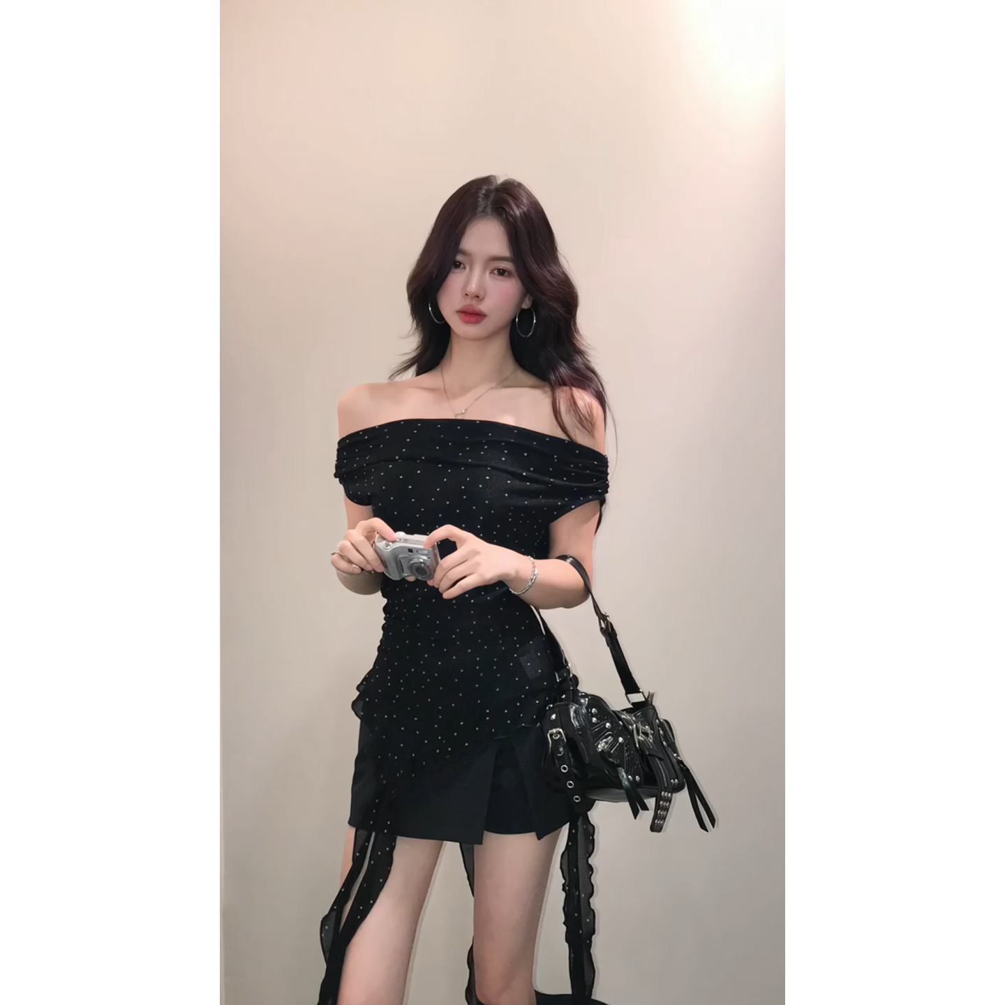 MARIE.COCO不规则辣妹飘带波点上衣女夏法式一字肩上衣半身裙套装