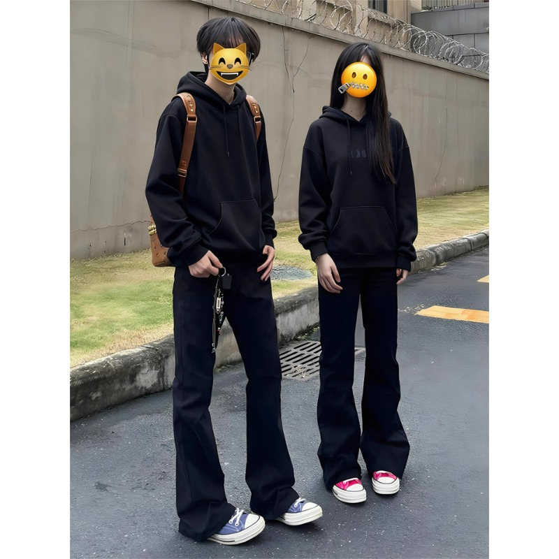 美式高街弯刀牛仔裤男女款秋季cleanfit休闲百搭裤子黑色微喇长裤