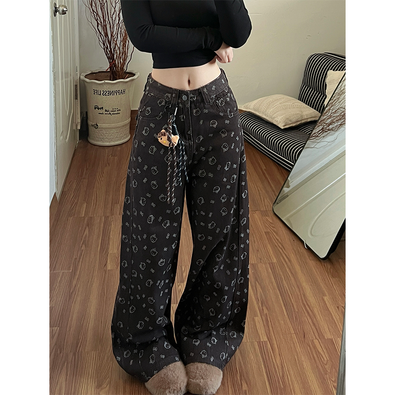 美拉德棕色Kitty印花牛仔裤裤子女款2026冬季新款宽松百搭阔腿裤