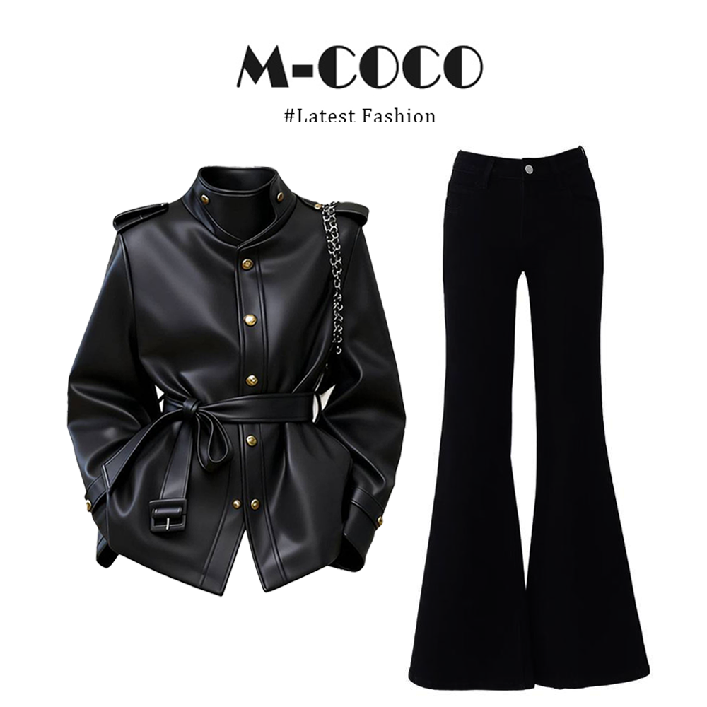 MARIE.COCO美式黑色酷飒风pu皮衣外套2025冬季显瘦微喇裤两件套