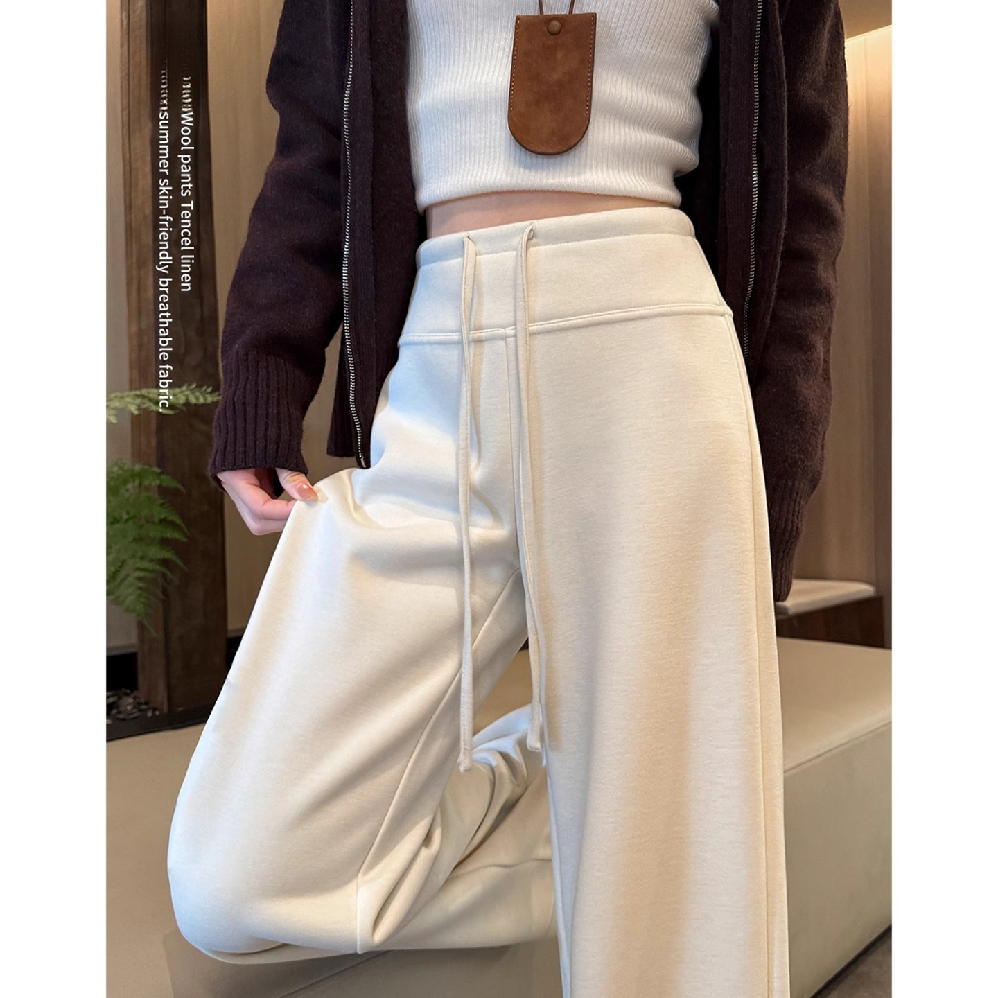 醋酸羊毛阔腿裤秋冬加绒女裤2025新款白色糯米裤窄版显瘦直筒裤子