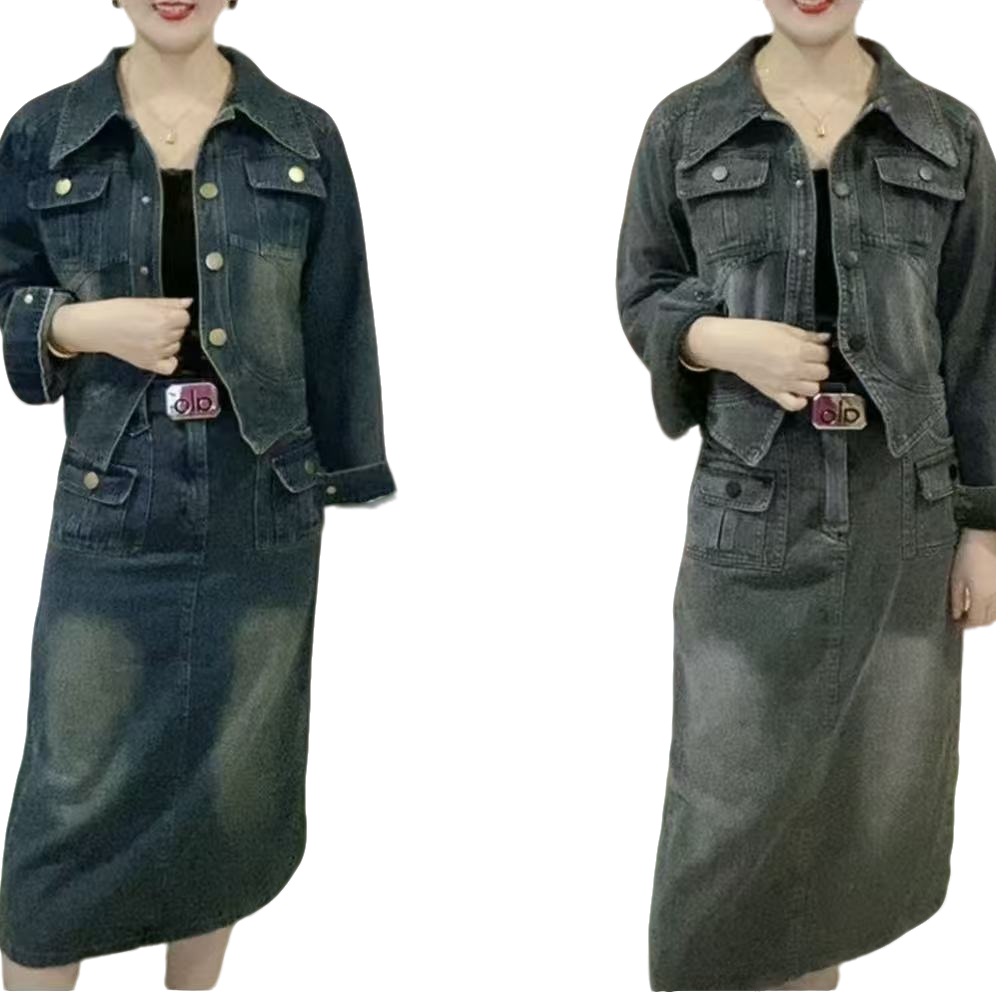 8510款牛仔套装上衣+裙气质气质时尚百搭翻领翻领