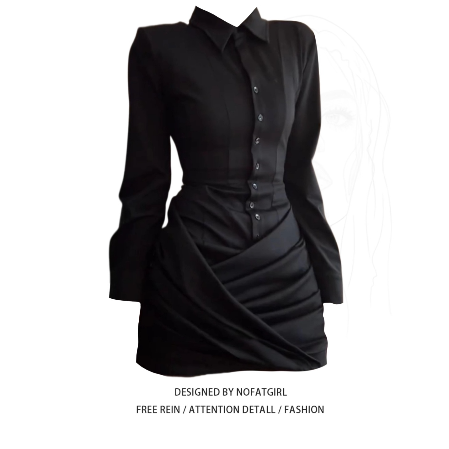 大码胖mm韩系复古长袖POLO领衬衫连衣裙女秋季设计感压褶包臀短裙